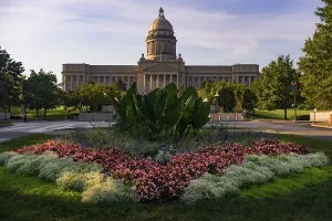 Cultivated flowers beautify the grounds around the state capital of Kentucky at Frankfort