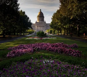 Cultivated flowers beautify the grounds around the state capital of Kentucky at Frankfort