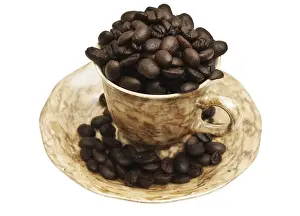 Cup and spilled coffe over the white background