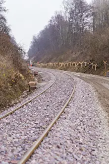 Curvy train tracks meander through a wooded