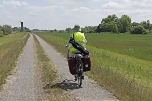 Cyclist, former watchtower, Elbe cycle path near Boizenburg