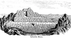 Cyclopean wall or cyclopean masonry (opus siliceum), wall made of irregular stones or rocks, with polygonal visible surface but smooth surface, widespread in the Mediterranean area since the Neolithic Age, craft, masonry, history of mankind