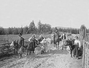 Dalarna Sweden 1919. A family with their various animals along a gravel road with a fenced yard on the sides