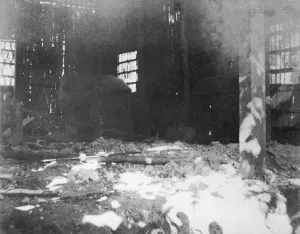 A damaged building after the riots between Hindus and Muslims in Noakhali East Bengal, November 1946, India, Asia