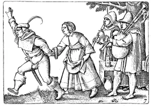 Dancing peasants, copper engraving
