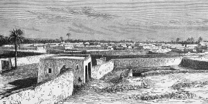 Date Oasis Ouargla in the Algerian Sahara, clay buildings, date palms, clay walls, building material clay, travelling, Algeria, historical illustration 1886, Africa