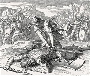 David killing the enemy champion Goliath