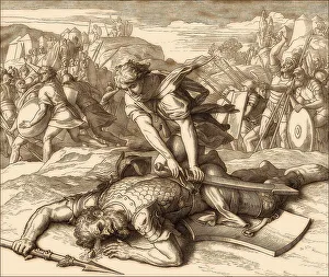 David killing the enemy champion Goliath