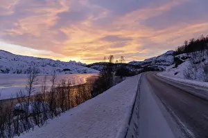 Category Scandinavia Prints: Dawn over half frozen lake, Euroroute E10 between Narvik and Riksgraensen