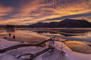 Dawn, mountains reflected in lake