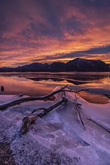 Dawn, mountains reflected in lake