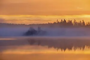 Dawn, sunrise with early morning mist over Kirchsee
