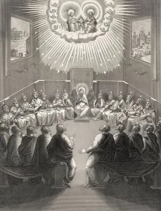 The Day of Pentecost, the descent of the Holy Spirit upon the Apostles