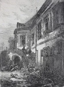 Dead soldiers and the destroyed Schafenburg Castle on the Gaisberg near Heidelberg after the storming