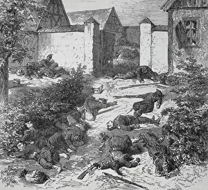 Dead soldiers in front of the entrance of Schafenburg Castle on the Gailsberg