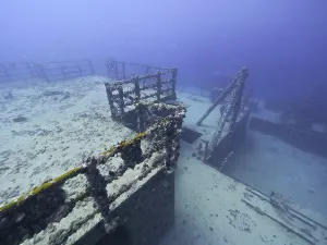 Framed Print : Deck and steel stairs of an abandoned shipwreck under water Framed Print : Deck and steel stairs of an abandoned shipwreck under water
