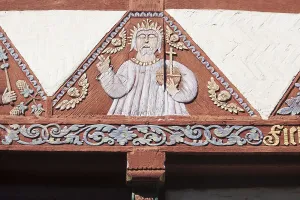 Decorated beams on a historic half-timbered house in Lune Abbey