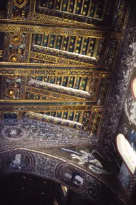 Detail of the decorated roof in the Norman cathedral of Monreale, Cathedral of Monreale, near Palermo, Sicily, Italy, 1999, Europe