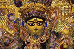 Decorative Durga clay model showing third eye open on Durga puja