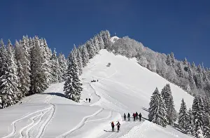 Deep snowy winter landscape with ski tourers on the way to the Zwoelferhorn
