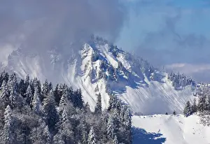 Category Mountain Landscapes Prints: Deeply snow-covered winter landscape with a view of the Faistenau Schafberg