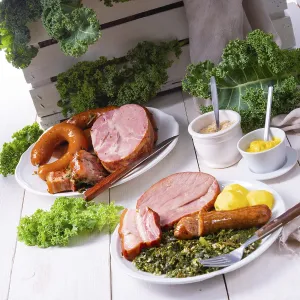 A delicious real Oldenburg kale with peeled sausage