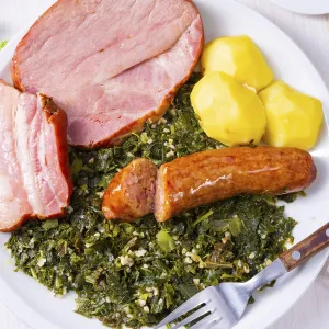 A delicious real Oldenburg kale with peeled sausage
