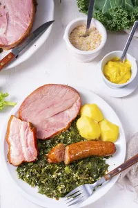 A delicious real Oldenburg kale with peeled sausage