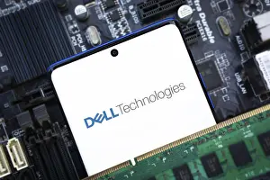 Category Historic EN Prints: Dell company logo displayed on mobile phone