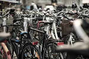 A densely packed area of parked bicycles