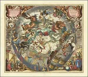 Der Suedhimmel, 1660, digital improved reproduction of a work by Andreas Cellarius (1596-1665), a Dutch-German cartographer and cosmographer best known for his 1660 Harmonia Macrocosmica, a major star atlas, The Southern Sky