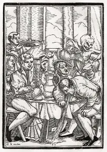 Der Tod holt den Trunkenbold Holzschnitt von Georg Scharffenberg nach Hans Holbein d