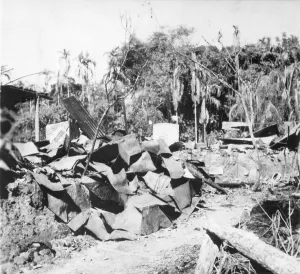 Destroyed buildings after the riots between Hindus and Muslims in Noakhali East Bengal, November 1946, India, Asia
