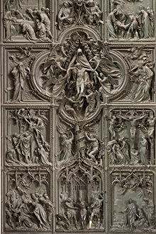 Detail, bronze main door of Milan Cathedral with scenes from the life of Mary