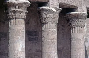 Detail, columns, courtyard, Horus Temple, Edfu, Nile Valley, Egypt, September 1989, vintage, retro, old, historical, Africa