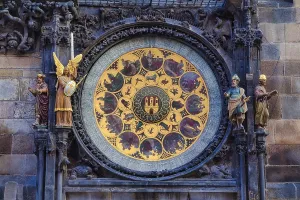 Detail, Famous medieval astronomical clock attached to the tower of the Old Town Hall