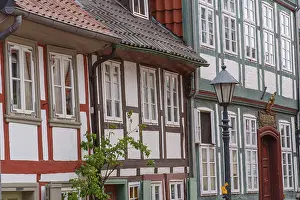 Detailed view of half-timbered houses with green shutters