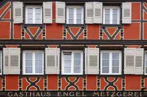 Detailed view of a historic half-timbered house from Gasthof Engel