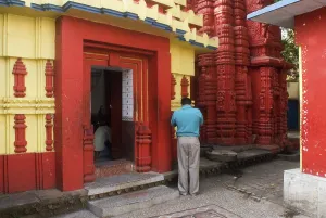 Devotee at 11th century Brahmeshwar temple dedicated to the lord Shiva considered prime example of Orissan architecture