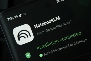 Dhaka, Bangladesh- 27 July 2025: Smartphone screen displaying NotebookLM installation confirmation from the Play Store