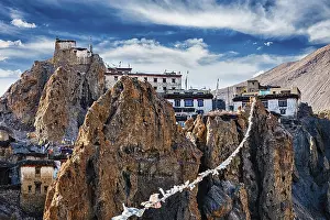 Dhankar gompa Tibetan Buddhist monastery and prayer flags lungta