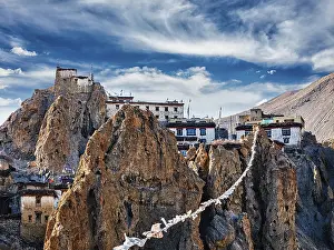 Dhankar gompa Tibetan Buddhist monastery and prayer flags lungta