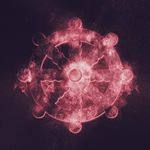 Dharma Wheel symbol Buddhism. Abstract night sky background