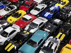 Diecast toy car models, colorful classic and sports cars