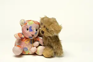 Two different teddy bears, leaning towards each other