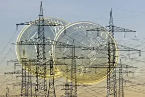 Digital composing, euro coins, power lines