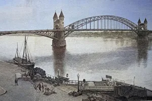 Digitally restored, Engraving of the Rhine Bridge near Bonn