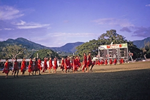 Display of physical education gymnastics by school children, Port of Spain, Trinidad c 1962 independence pageant