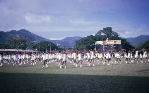 Display of physical education gymnastics by school children, Port of Spain, Trinidad c 1962 independence pageant