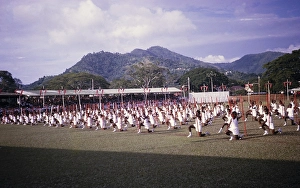 Display of physical education gymnastics by school children, Port of Spain, Trinidad c 1962 independence pageant